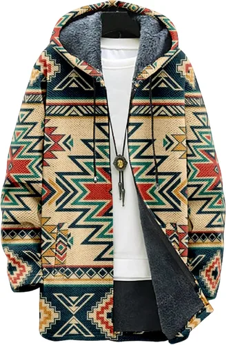 Vista 15 de Chaqueta de forro polar con capucha para hombre, con estampado azteca, de algodón pesado, con cremallera, manga larga, chaqueta con capucha