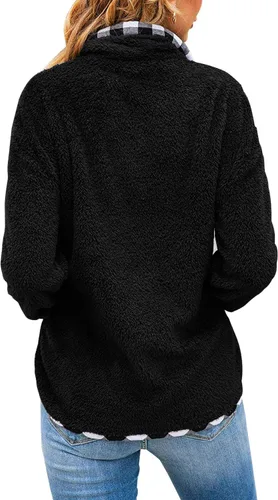 Vista 2 de Yanekop - Sudadera de forro polar para mujer, con estampado a cuadros, cuello de botón y bolsillos