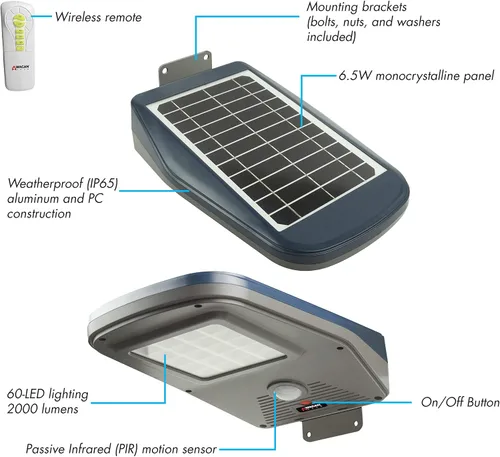 Vista 2 de Wagan EL8590 - Luz de calle solar LED integrada de 2000 lúmenes con control remoto, luz de inundación de seguridad, sensor de movimiento