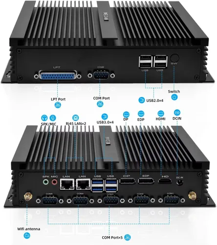 Vista 3 de PC sin ventilador, Mini PC industrial Core i7-8550U, Mini PC 8G DDR4 128G SSD, soporte de pantalla triple 4K@60Hz salida, HDMI, DP, EDP, Dual NIC