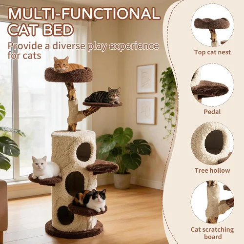 Vista 5 de RPZ Árbol para gatos de madera maciza de lujo de 54.7 pulgadas para gatos pequeños a medianos, poste rascador de madera natural con rama real