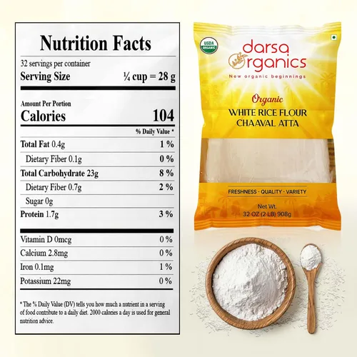 Vista 2 de Darsa Organics Harina de arroz blanco – Orgánica premium, certificado por USDA, sin OMG, harina de arroz en polvo sin gluten para hornear y cocinar