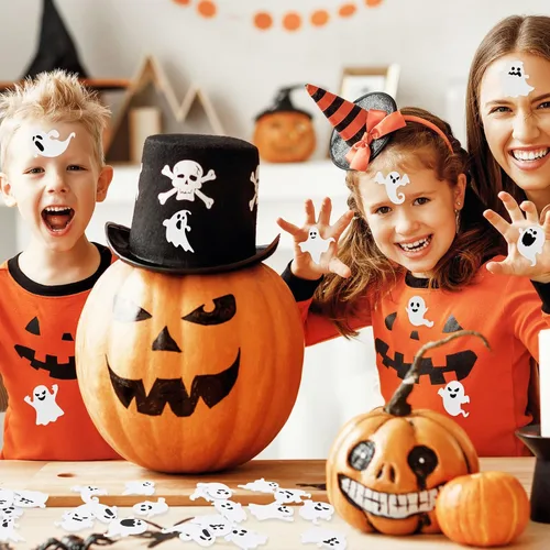 Vista 7 de 450 calcomanías de espuma de fantasma de Halloween, calcomanías autoadhesivas de fantasma, calcomanías blancas y negras para Halloween, tarjetas