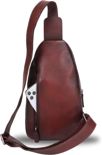 Vista 3 de IVTG Bolso bandolera de cuero genuino para mujeres y hombres, bolso cruzado de cuero, bolso de hombro para el pecho, mochila, Café, Mochilas Sling