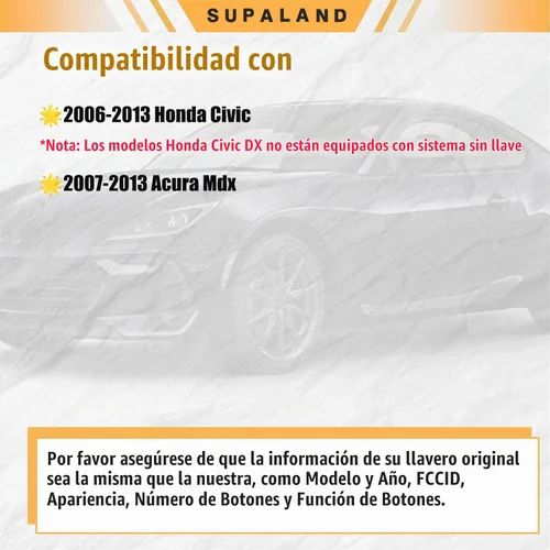 Vista 3 de SUPALAND Llavero de entrada sin llave compatible con Honda Civic 2006 2007 2008 2009 2010 2011 2012 2013 Control remoto llave de cabeza de repuesto
