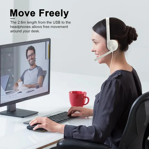 Vista 5 de NUBWO HW02 Auriculares USB para computadora con micrófono de chat transparente, auriculares ligeros con cable para equipos MS, Skype, seminarios