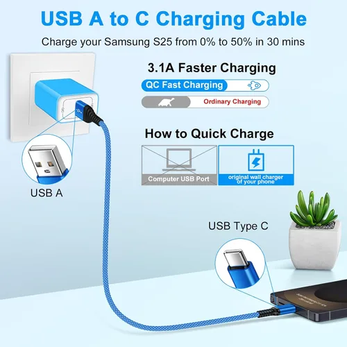 Vista 2 de Cable de carga rápida para Samsung Galaxy S26 Ultra A17 Z Fold7 Z Flip7 FE S25 Edge S25 S25+ A36 A16 5G S24, cable de carga Android de 6 pies tipo