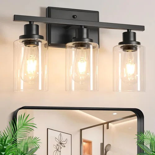 Vista 8 de Ascher Apliques de pared de 2 luces, moderna lámpara de tocador con pantalla de vidrio transparente, lámpara de pared de níquel cepillado