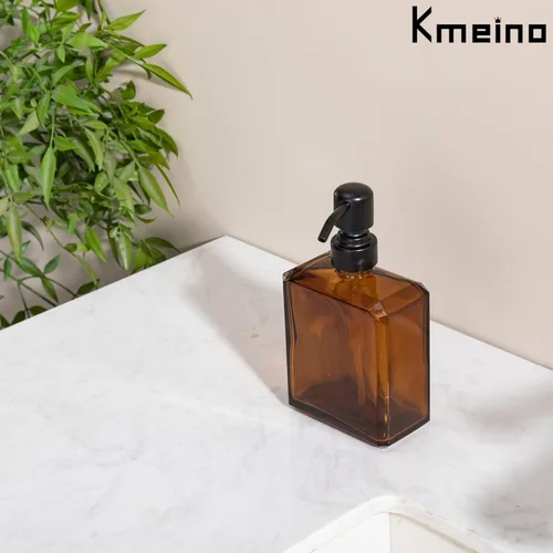 Vista 5 de Dispensador de jabón de vidrio ámbar rectangular, bomba negra, 13.5 Botella ámbar con bomba negra