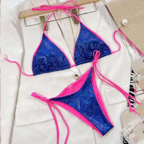 Vista 7 de Conjunto de bikini de dos piezas con purpurina azul marino para mujer, traje de baño de tanga, traje de baño para fiesta y club
