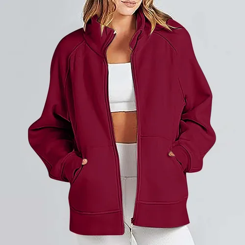 Vista 9 de Ceboyel Sudaderas con capucha y cremallera para mujer, a la moda, color sólido, sudadera holgada con cremallera, ropa de moda cómoda