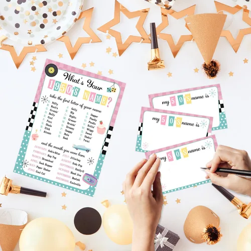 Vista 4 de ¿Cuál es tu nombre de los años 50 Juego, 1 señal de doble cara y 30 tarjetas adhesivas, Juegos de fiesta de cumpleaños retro para niños y adultos