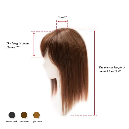 Vista 3 de Cubrecabello sintético de 14 pulgadas para pérdida de cabello, clip en pieza superior con flequillo de aire (estilo delgado, marrón)
