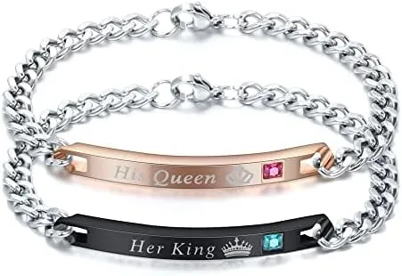Vista 6 de MYNENEY Regalo para amante, su reina y su rey, pulseras de acero inoxidable para parejas, para mujeres y hombres, juego de joyas a juego
