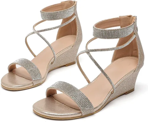 Vista 7 de DADAWEN Sandalias de cuña baja con diamantes de imitación y punta abierta para mujer, con correa en el tobillo, zapatos de tacón para fiesta o boda