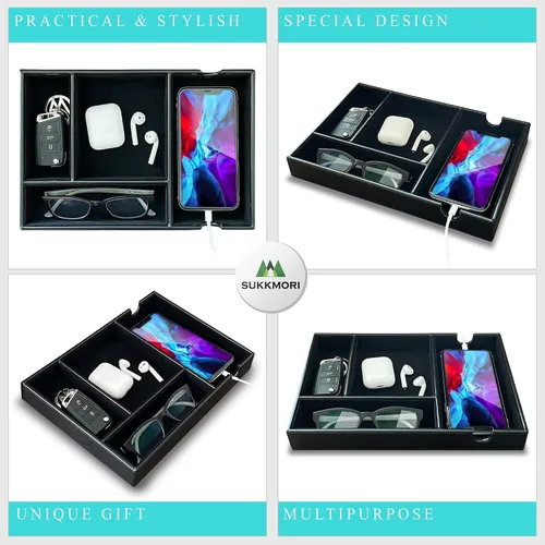 Vista 5 de Bandeja organizadora de mesita de noche, organizador de escritorio de piel sintética para hombres y mujeres, organizador de tocador con 4