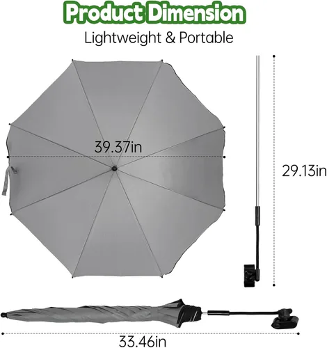 Vista 6 de Sombrilla de vagón con abrazadera universal UPF 50+, Accesorio de sombrilla de vagón ajustable para descansar, ligera para fácil transporte