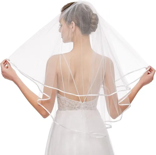Vista 4 de Bridal Veil Womens Simple Tulle Short Wedding Veil Ribbon Edge with Comb for Wedding Bachelorette Party
