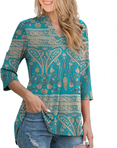 Vista 2 de Othyroce - Blusa estilo túnica con estampado floral para mujer, manga 34 enrollable, cuello en V