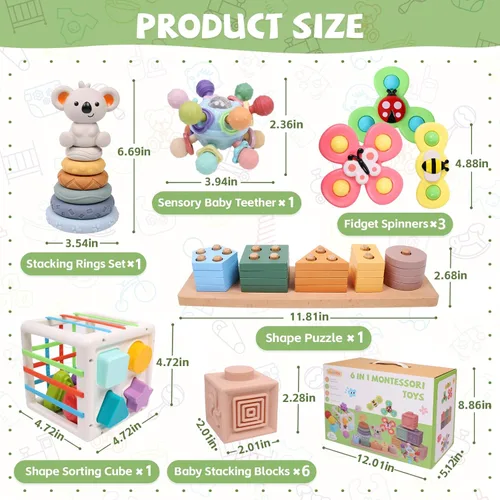 Vista 6 de YHHYTOY Juguetes Montessori 6 en 1 para bebés de 0-6 6-12 meses, juguetes de dentición para bebés, bloques apilables suaves, anillos clasificadores