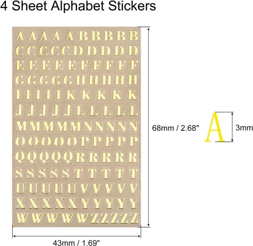 Vista 2 de MECCANIXITY 4 hojas de calcomanías de resina con letras pequeñas 3D de la A a la Z, color dorado, mini calcomanías del alfabeto, aleación metálica