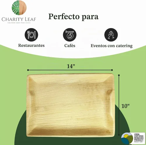 Vista 4 de Charity Leaf Bandejas desechables de hoja de palma de 14" x 10" (10 piezas) Platos para servir tipo bambú, tablas desechables, vajilla ecológica