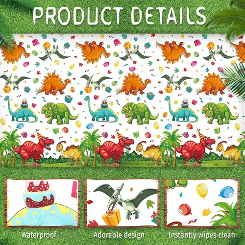 Vista 3 de Tegeme 1 mantel de plástico de dinosaurio para fiestas, 54 x 108 pulgadas, desechable, impermeable, con estampado de dinosaurios, para suministros