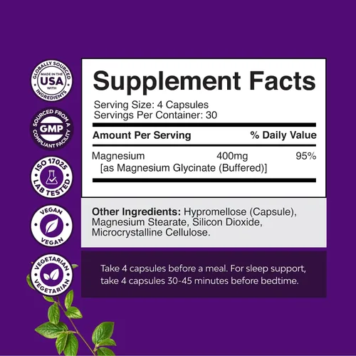 Vista 3 de Paquete de cápsulas de bayas de espino extra fuertes, suplemento de extracción de digestión y salud cardíaca y glicinato de magnesio puro 400 mg por