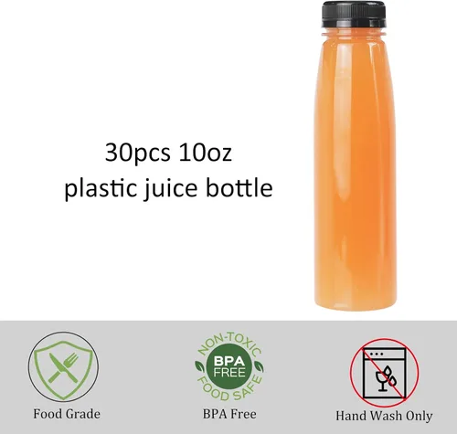 Vista 4 de Paquete de 30 botellas de plástico vacías de 10 onzas con tapas, recipientes transparentes reutilizables para bebidas con tapas negras a prueba