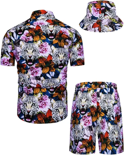 Vista 37 de TUNEVUSE Conjunto de camisas y pantalones cortos hawaianos para hombre, 2 piezas, trajes de playa con estampado de flores, traje tropical de verano