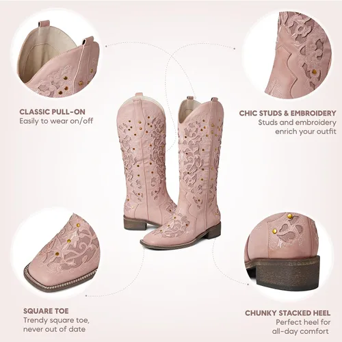 Vista 4 de mikarka Botas vaqueras para mujer, con tachuelas bordadas, botas vaqueras de media pantorrilla, botas occidentales de meter, punta cuadrada, tacón