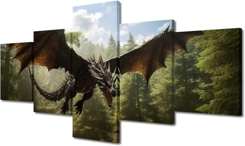 Vista 33 de Lienzo decorativo para pared de sala de estar, lienzo de dragón, 5 paneles, dragón verde, decoración de pared para el hogar, decoración de pared
