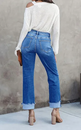 Vista 4 de PLNOTME Pantalones de mezclilla de cintura alta para mujer, pierna recta, elásticos, casuales, con puños