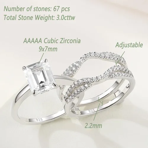 Vista 6 de Wuziwen Anillo de novia realzador de 2 quilates para anillos de compromiso para mujer, diseño de corazón de princesa, esmeralda ovalada, plata