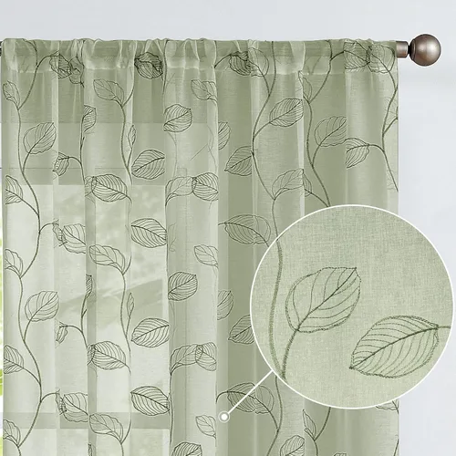 Vista 7 de Lazzzy Cortinas traslúcidas con hojas bordadas (2 piezas)