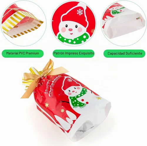 Vista 4 de HongyiTime 60 bolsas de dulces de Navidad, bolsas de regalo de plástico con cordón para regalo de fiesta de cumpleaños, aperitivos, regalos de boda
