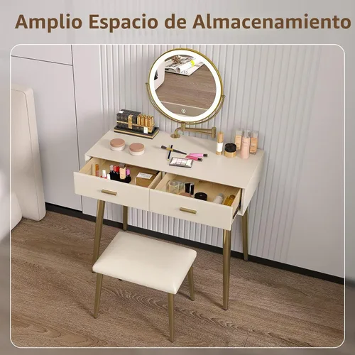 Vista 5 de Juego de escritorio con espejo giratorio de 360° y luces, pequeño tocador de maquillaje con cuero de microfibra, mesa de tocador con 2 cajones Beige