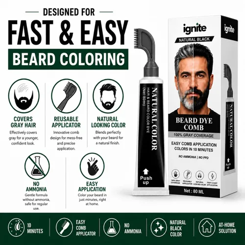 Vista 4 de Peine de tinte para barba para hombre, color negro natural, aplicador