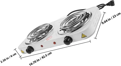 Vista 2 de Estufa eléctrica de doble quemador para encimera, placas calientes de bobina de acero inoxidable con protección contra sobrecalentamiento y fugas