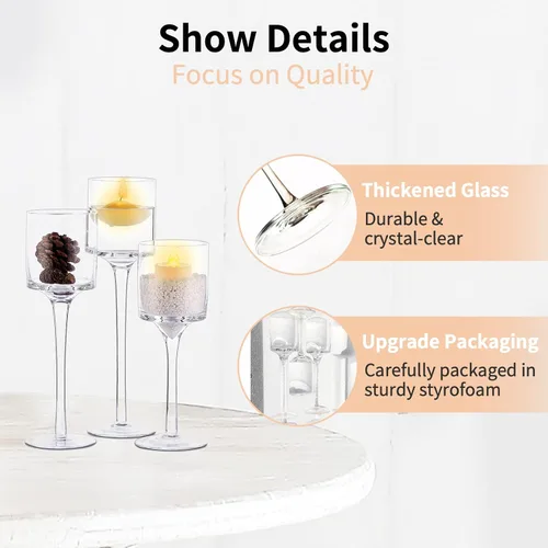 Vista 4 de NUPTIO Portavelas de cristal Tealight: juego de 3 candelabros de tallo largo para centro de mesa de cena, velas flotantes Monet Clear Glass Cups