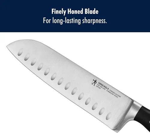Vista 7 de Henckels Cuchillo Santoku Forged Accent de 7 pulgadas con Filo Hueco, Negro