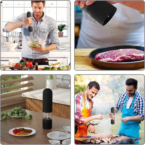 Vista 7 de T-mark Juego de molinillo eléctrico de sal y pimienta, funciona con pilas, molinillo automático de sal y pimienta con una sola mano con luces LED