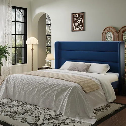Vista 12 de SHA CERLIN - Base de cama tamaño Full con cabecera tapizada en terciopelo y diseño acanalado vertical; plataforma de cama tapizada con listones