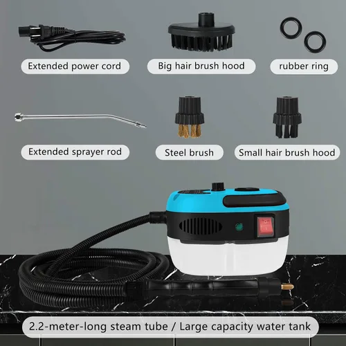 Vista 3 de Limpiador a vapor de mano, limpiador de vapor presurizado de 2500 W con 3 cabezales de cepillo, limpiador de vapor portátil para el hogar, Azul