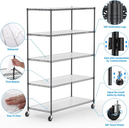 Vista 4 de Estantería de alambre de metal NSF de 5 niveles, capacidad de 6000 libras, estante de almacenamiento ajustable resistente con ruedas y Negro