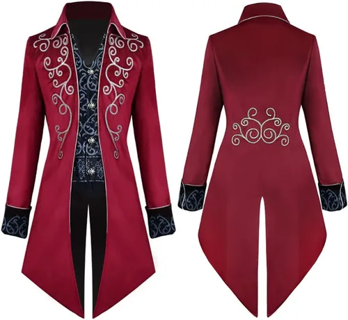 Vista 2 de Chaqueta estilo steampunk vintage para hombre, chaqueta gótica victoriana, abrigo para disfraz de Halloween, Rojo