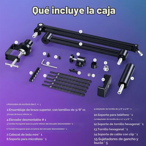Vista 8 de CreaDream Brazo de brazo de micrófono, soporte de escritorio de bajo perfil con adaptador de tornillo, soporte para teléfono, columna de elevación