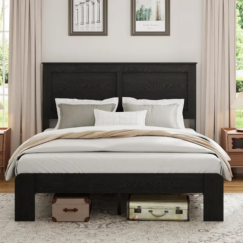 Vista 4 de Base de cama completa de madera con cabecera, base de cama de plataforma rústica de granja con soporte de 12 listones de madera, no necesita somier