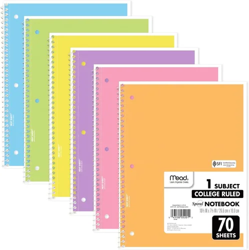 Vista 7 de Mead Cuaderno de espiral, paquete de 6, 1 materia, papel rayado universitario, 7-1/2 x 10-1/2 pulgadas, 70 hojas por cuaderno, colores brillantes