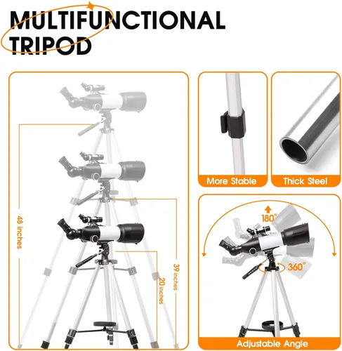 Vista 4 de Telescopio de 2.756 in de apertura 15.748 in refractor astronómico telescopio portátil para niños adultos principiantes con trípode adaptador